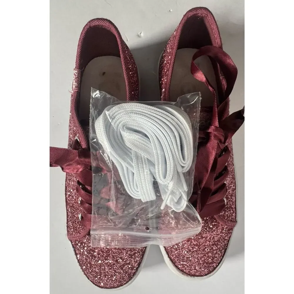 Keds Girls Pink Glitter Platform Sneakers Satin Ribbon Lace Shoes Youth Size 1